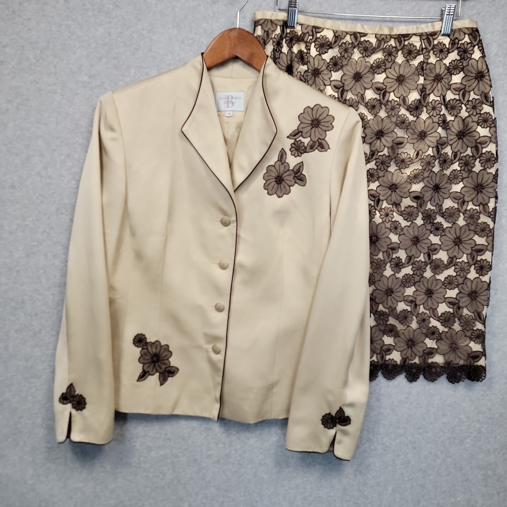 Vtg Bergamo Studio Silk 2-pc Skirt Suit Jacket Floral Lace Skirt Tan Brown Sz 10